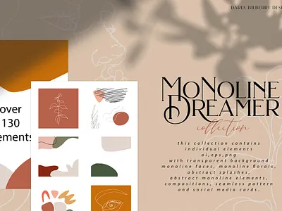 Monoline Dreamer abstract art branding compositions design faces florals flower clipart girl character girl illustration illustration individual design elements leaves logo monoline seamless pattern seamlesspattern social media cards socialmedia vector