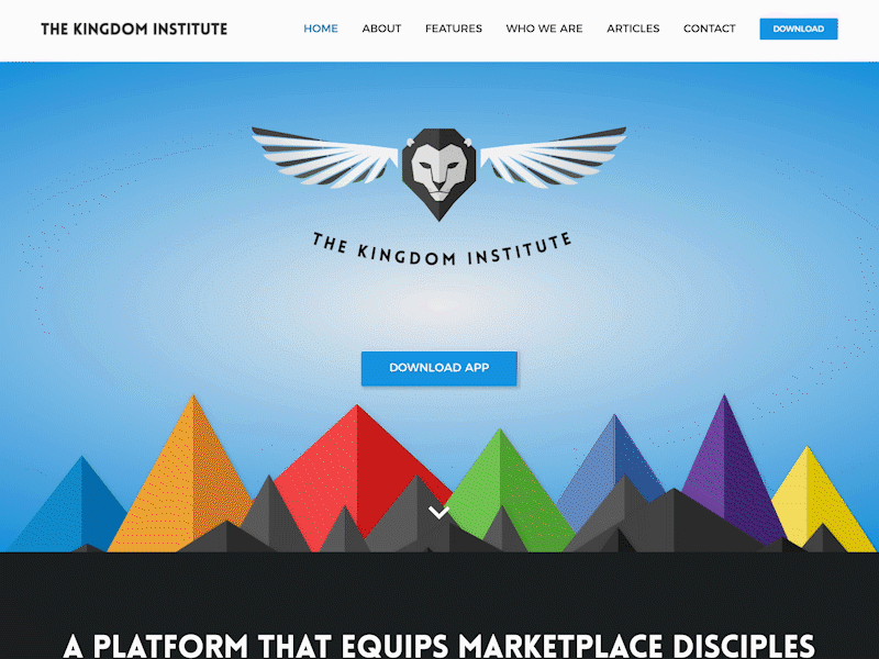The Kingdom Institute - App Landing Page app marketing branding clean design eagle wings fixed nav flat identity illustrator landing page lions logo mobile ui mountains parallax promotional scroll animation ui webdesign wordpress