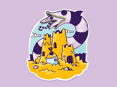 Fun in the Sun Sandworm 80s beach beetlejuice blake stevenson cartoon character design cult movie hipster illustration jetpacks and rollerskates movie pop culture retro sandcastle sandworm shell summer sunny