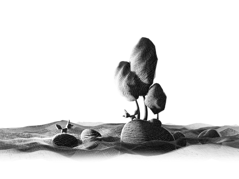 Separated foxes 3d animation hatching illustration island light scratching trees water