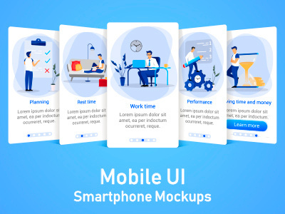 Mobile UI mocups concept app business cartoon character design illustration interface menu mobile mockup planning screen smartphone time ui ux vector web web element web graphics