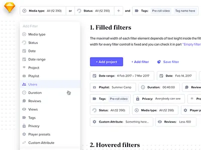 Menu Filterring buttons dashboard dashboard ui design dropdown filter panel filterrings filters flatdesign hovers interface light navigation navigation menu popup search search bar segments tags uiux