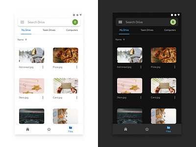 Google Drive - The Ultimate Guide to Designing Dark Theme android android app cards cards ui dark mode dark theme drive dropbox folder google google design google drive grid ios ios 13 ios app light theme material design search bar tabs