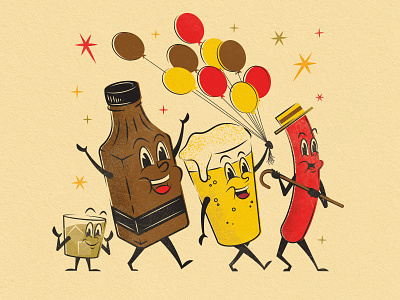 Take me to the Boozies 1950s beer cartoon design graphic design hotdog illustration mascot midcentury pint poster print retro texture vintage whiskey