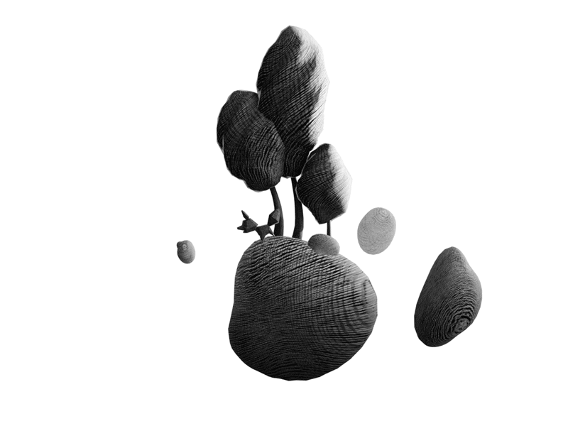 Fox island 3d black fox hatching island pen rocks rotating scratching space trees white