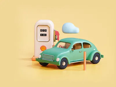 Vintage Beetle In Gasoline Station beetle car cloud gasoline illustration petrol shell timeless udhaya vintage wagon yellow