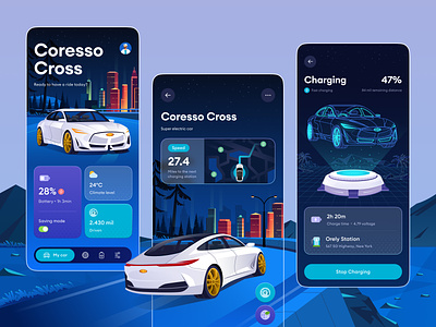 Electric Car Mobile App Design app battery car charge charging direction electric fast futuristics gradient icon illustration landscape maps mobile riding speed station tire weather