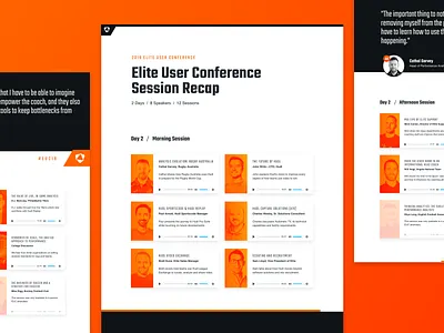 Post-Conference Recap audio audio player card conference gradient grid grid layout layout orange play button presentation speaker sports technology web web design website