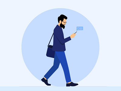 Man Walking on the street 2d character blue flat flat character illustration man message mobile notification person street walking vector walk walking walking man