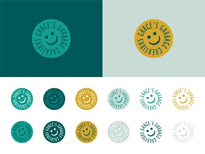 Grace's Garbage Creations Logo Set badge badge logo brand identity branding branding design bright bright color circle logo color palette lettering logo logo design simple smiley face teal typography yellow