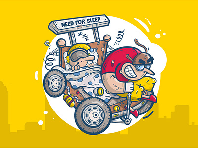 Need for Sleep car cartoon character cityscape crazy illustration vector