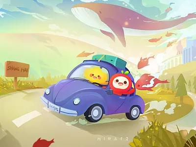 travel together bulding cloud fish flat illustration travel tree