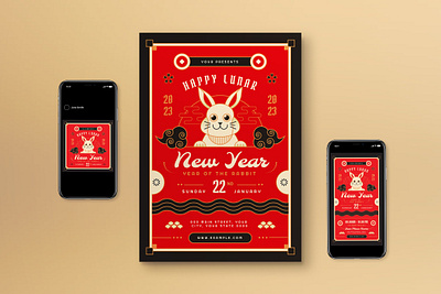 Lunar New Year Flyer Set chinese chinese new year flat design flat design style graphicook graphicook studio red shio rabbit social media year of rabbit