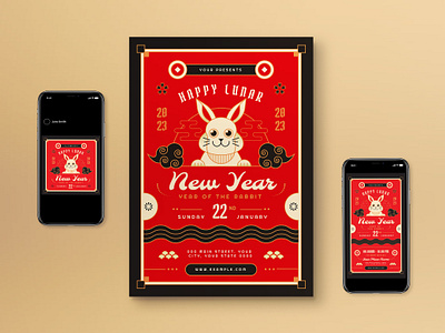 Lunar New Year Flyer Set chinese chinese new year flat design flat design style graphicook graphicook studio red shio rabbit social media year of rabbit