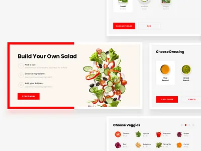 Make Your Own Salad - User Flow 🚚 cards ecommerce food food and drink food app order order management ordering red salad user user journey userflow vegetables webdesign