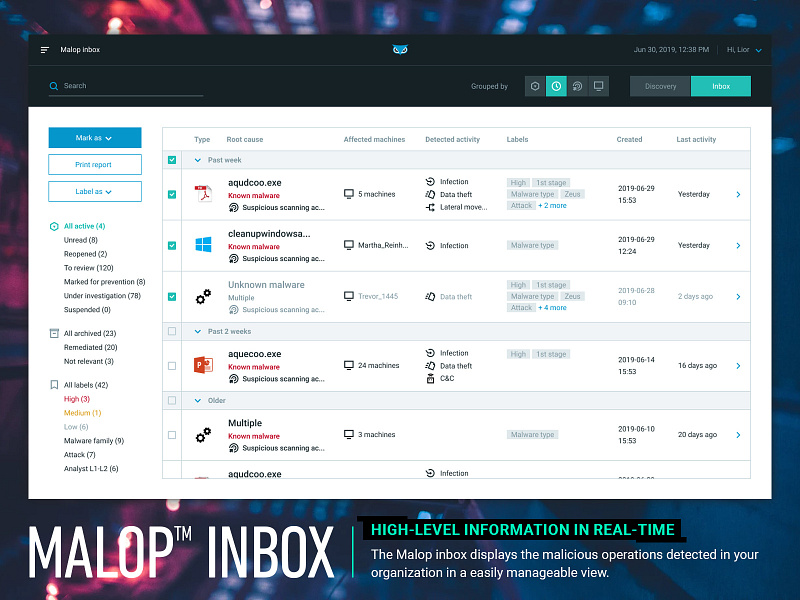 CYBEREASON MALOP™ INBOX assign assignement cyber cyber security detect filters group hacker hacking inbox list machines malicious malop operation prioritization status system tags toggle