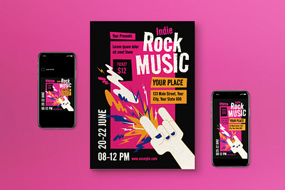 Retro Indie Rock Music Flyer Set black graphicook indie indie rock music music event music festival retro rock indie rock music social media