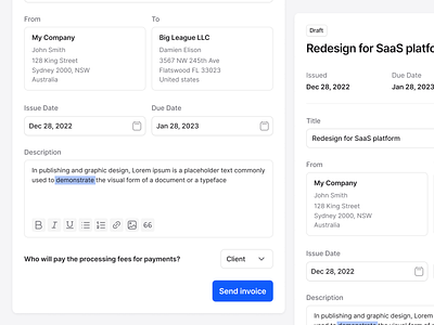 Stratis UI - Invoice modal pt.2 app clean create design editor interface invoice manage minimal modal overlay payments product project simple ui ui design ux ux design web