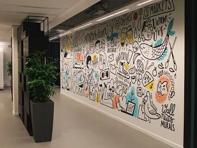Mural at Elastic office Amsterdam amsterdam drawing elastic food gogh illustration mural office pigeon wall painting