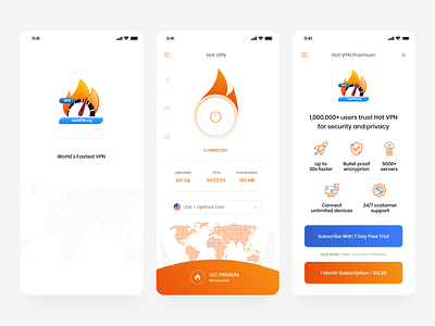 HotVPN — App Design app app design apple application blue branding clean clean design design flat hot minimal orange redesign vector vpn