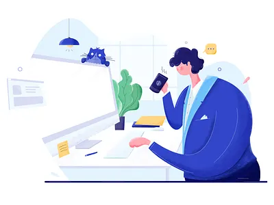 Working :: Illustration 2d graphic 2d illustration business cat character coffee coloring computer desktop illustration keyboard man mouse shading tree ui design ui designer vector website working