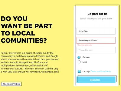 Kotlin Everywhere event, Volunteer Sign Up design form kotlin signup ui web yellow