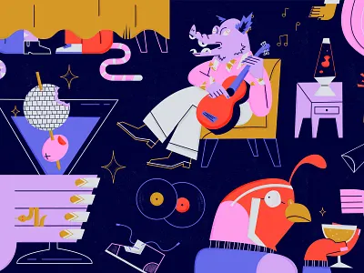 Party Animals animal animals coupe disco drink guitar lava lamp martini music party records