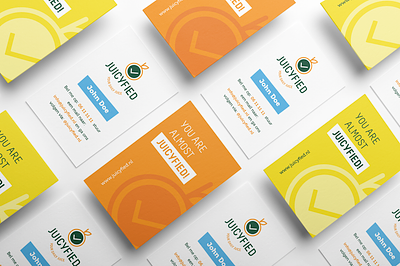 Businesscards for Juicyfied branding check mark clean colors design icon iden identity illustration juice lemon logo logo juice minimal orange print vector yellow logo