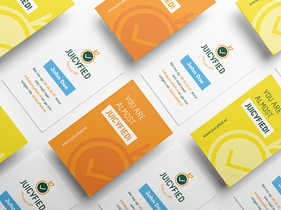 Businesscards for Juicyfied branding check mark clean colors design icon iden identity illustration juice lemon logo logo juice minimal orange print vector yellow logo