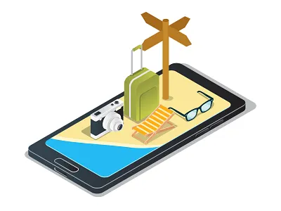 Traveling to the beach Isometric bag beach branding camera design direction for illustration isometric mobile phone sunglasses travel traveling vector web design web designer web developer website