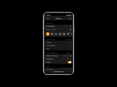 Add Food app dark diet food food app icons ios macros mobile nutrition ui user interface