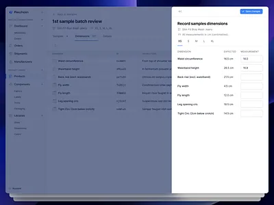 Slide-over Dialog for Recording Samples Dimensions blue dialog drawer fashion app figma form minimal modal product design saas slide over tabs ui ux design ux ui web app