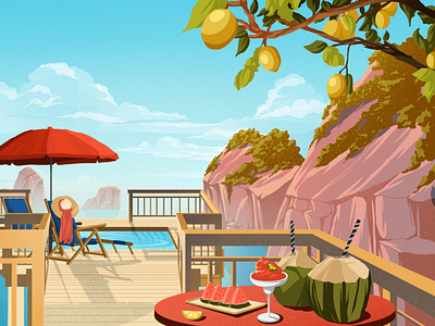 sunny winter artwork cocktails coconut illustration art islands landscape lemon lemon tree nature ocean pool sea summer