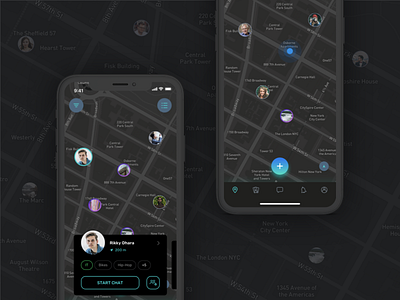 GeoChat app dark design flat map simple ui