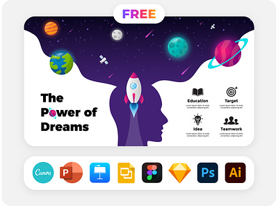 Free Space Infographic. Rocket Launch from Human Head. ai canva figma free head human idea illustration infographic launch powerpoint presentation psd rocket space starship start startup template universe