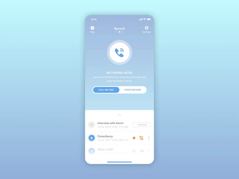 Call Recorder Homescreen animation app blue call design fresh gradient recorder smooth ui ux