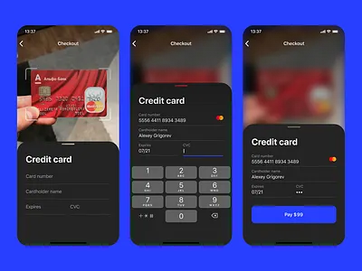 Credit card checkout #DailyUI app card creditcard dailyui dark mode form ios mobile pay scan ui