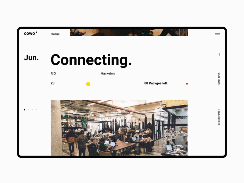 Events Interactions animation concept coworking interaction interface minimal typography ui ux web