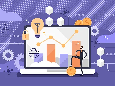 Fintech blockchain business concept device e commerce finance fintech flat illustration laptop money online startup tech vector web