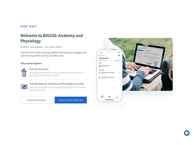Checkout Welcome Page billing blue checkout creditcard design edtech education icon payment paywall purple redeem student textbook top hat ui university ux web welcome