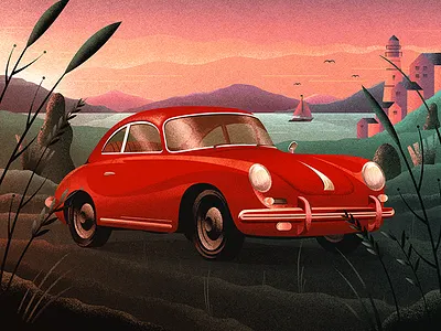 The View car illustration porsche poster retro scene scenery view vintage