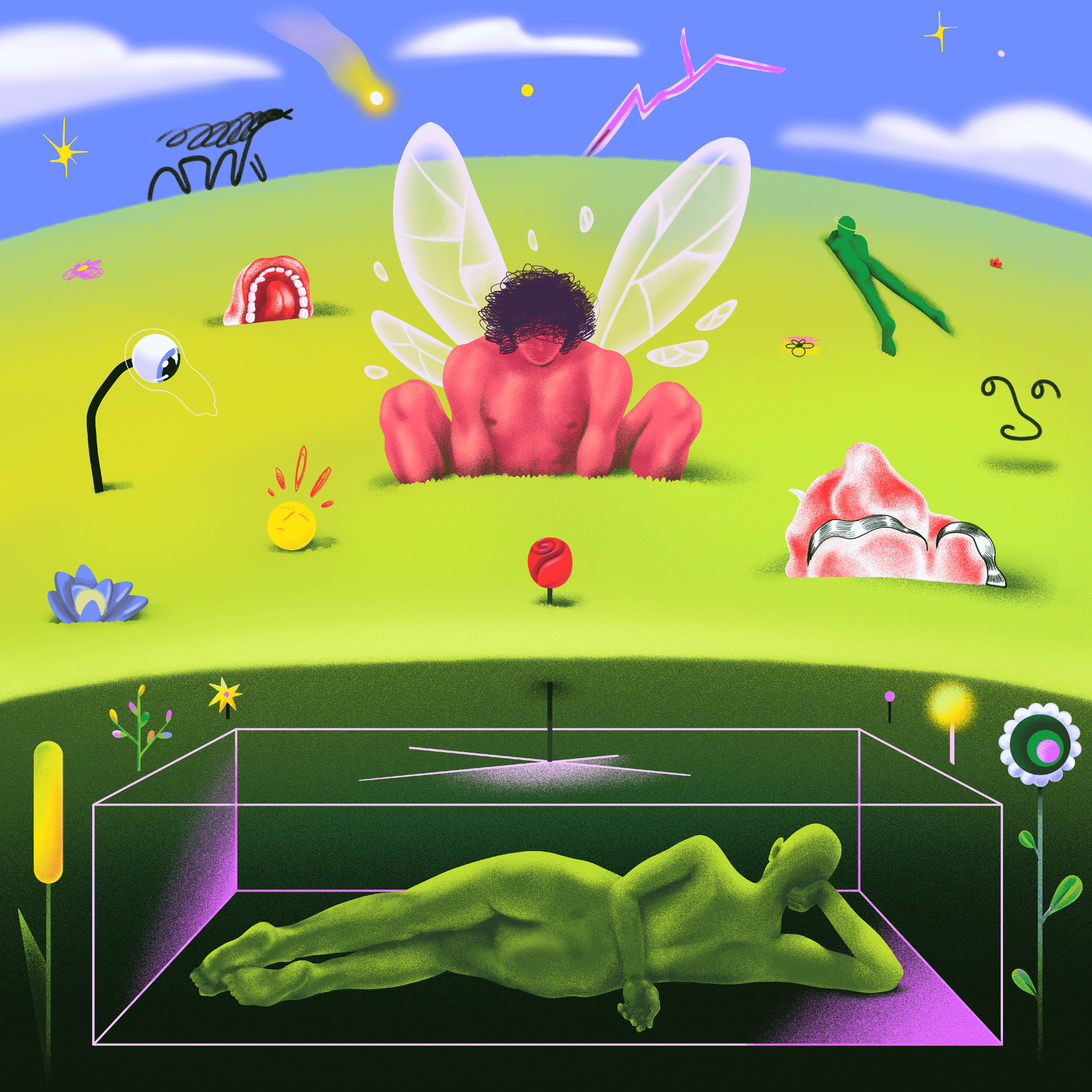 Everyone is here 2d abstract character dream figure fly illustration simple surreal