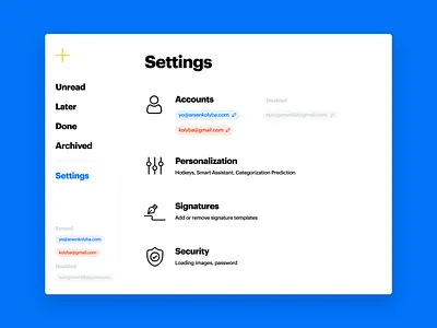 Kanban Mail accounts e mail email email client email design gmail kanban kanban board mail mailbox personalization preferences security settings settings page settings ui signatures web app