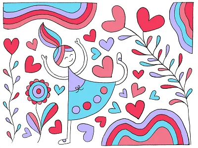 Rainbow World Secret Garden flowers girl character hand drawn hearts illustration ipadproart rainbow