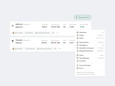 Financial widget actions. assets autentika clean details dropdown menu exchange financial fintech investments investor menu options price stock stock market stock trading stocks ui ux wallet