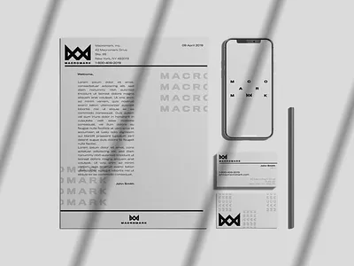 Macromark Conceptual Identity branding business card corporate branding corporate identity identity design iphone iphonex letterhead logo m mockup phone stationary stationery