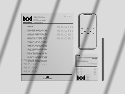 Macromark Conceptual Identity branding business card corporate branding corporate identity identity design iphone iphonex letterhead logo m mockup phone stationary stationery