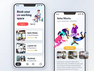 Co-working Space Booking App. app design character clean color concept cowork coworking coworking space design interaction mobile mobile app mobile ui office office space ui uiux work