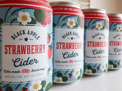 Strawberry Cider - Seasonal bee beverage beverage design beverages blossom branding can can design cider illustration label design package design packaging pattern pattern design print design strawberry strawberry blossoms varietal