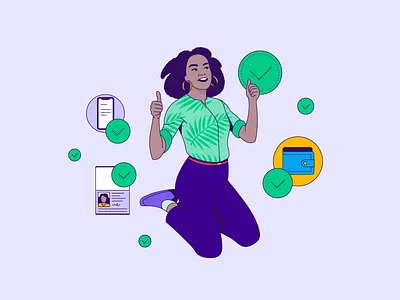 KYC Character illustrations 02 approval black character character character design documentation hellsjells illustration jumping kyc passport phone thumbs up wallet woman